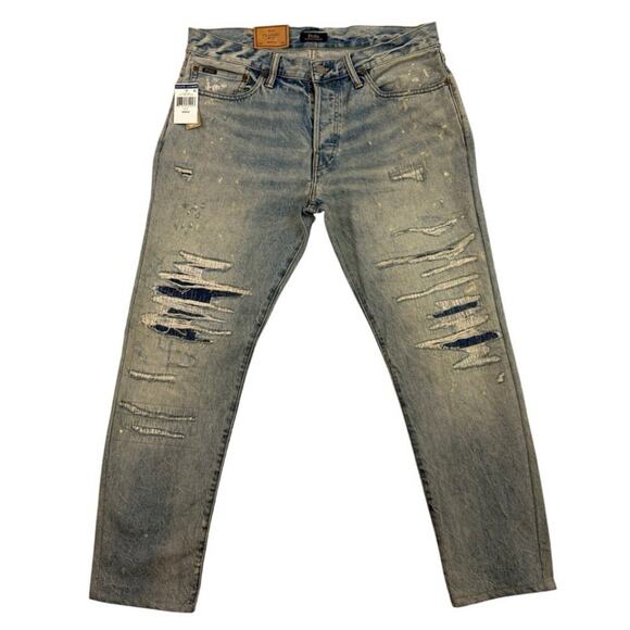 Polo Ralph Lauren Rigid Jeans Mens 33X30 Blue Classic Fit Patchwork Distress NEW